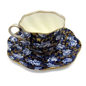 Antique Coalport Tea Cup and Saucer Cobalt Blue And Gold Floral Chintz